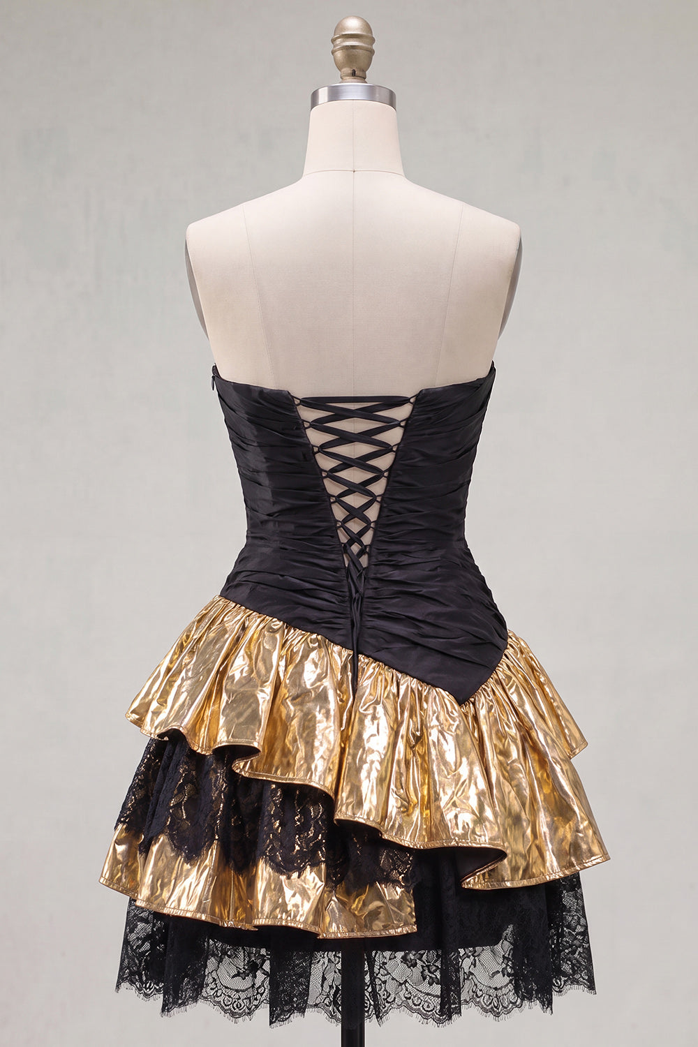 Strapless Ruched A Line Black Golden Tiered 80s Homecoming Dress