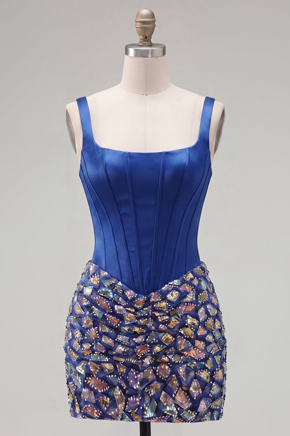 Square Neck Corset Bodycon Sparkly Dark Blue Homecoming Dress