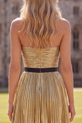 Strapless Golden Pleated A Line Homecoming Dress With 3D Flower