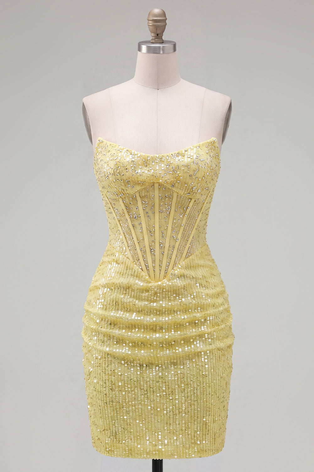 Strapless Corset Bodycon Sparkly Yellow Homecoming Dress