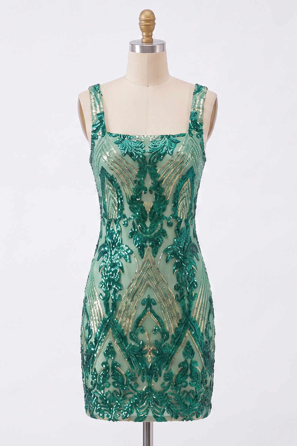 Sparkly Square Neck Dark Green Bodycon Sequin Homecoming Dress