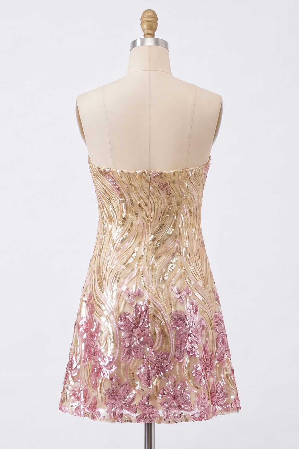 Strapless A-Line Gold and Pink Sequin Homecoming Dress