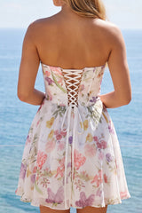 A-Line Ivory Floral Strapless Ruched Corset Homecoming Dress