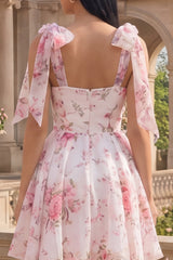 White Pink Floral A-Line Chiffon Homecoming Dress