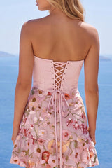 Strapless Corset Pink A-Line Floral Homecoming Dress with Ruffles
