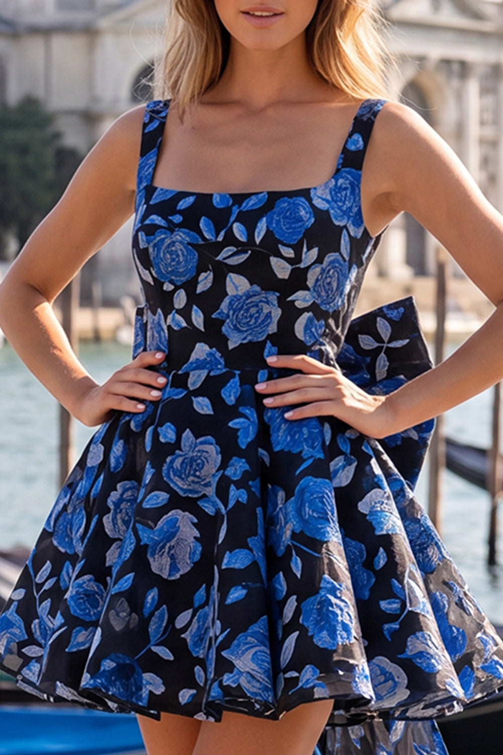 Square Neck Blue and Black Corset A Line Homecoming Dress With Bow