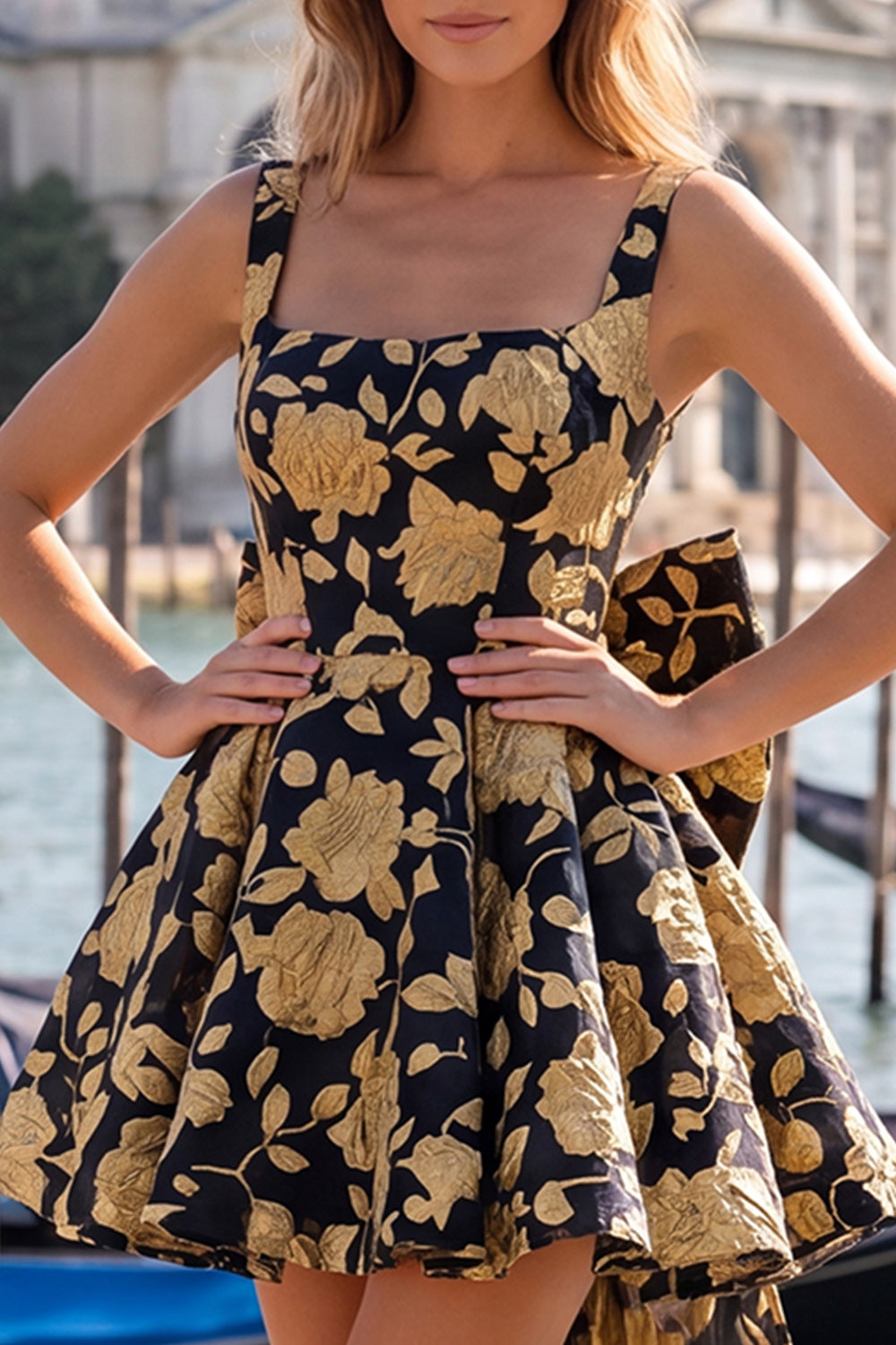 Square Neck Blue and Black Corset A Line Homecoming Dress With Bow