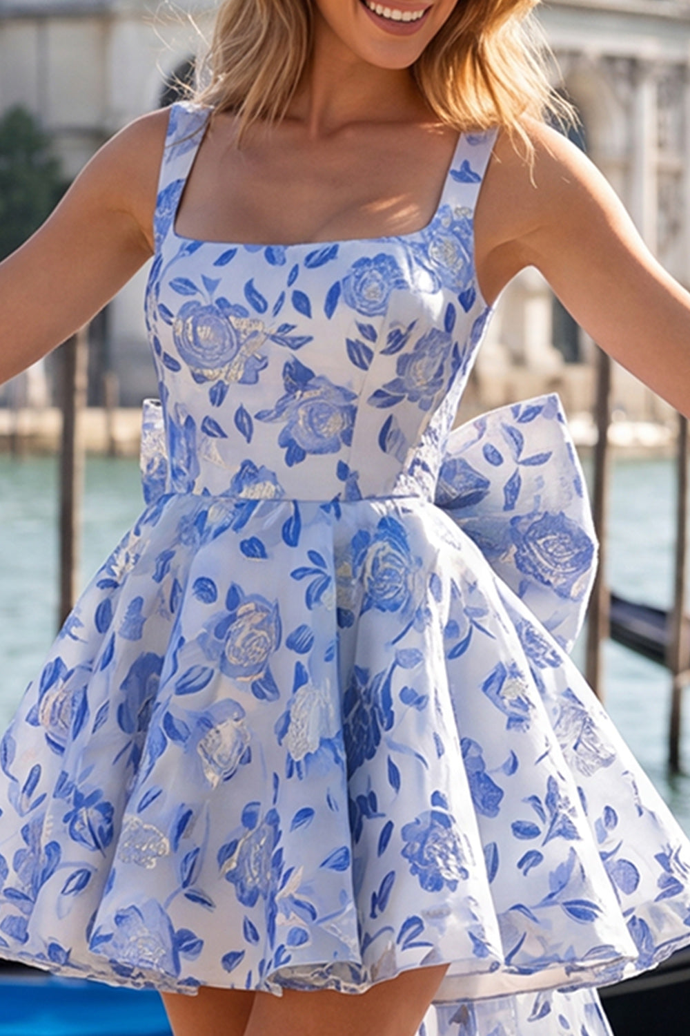 Square Neck Blue and Black Corset A Line Homecoming Dress With Bow