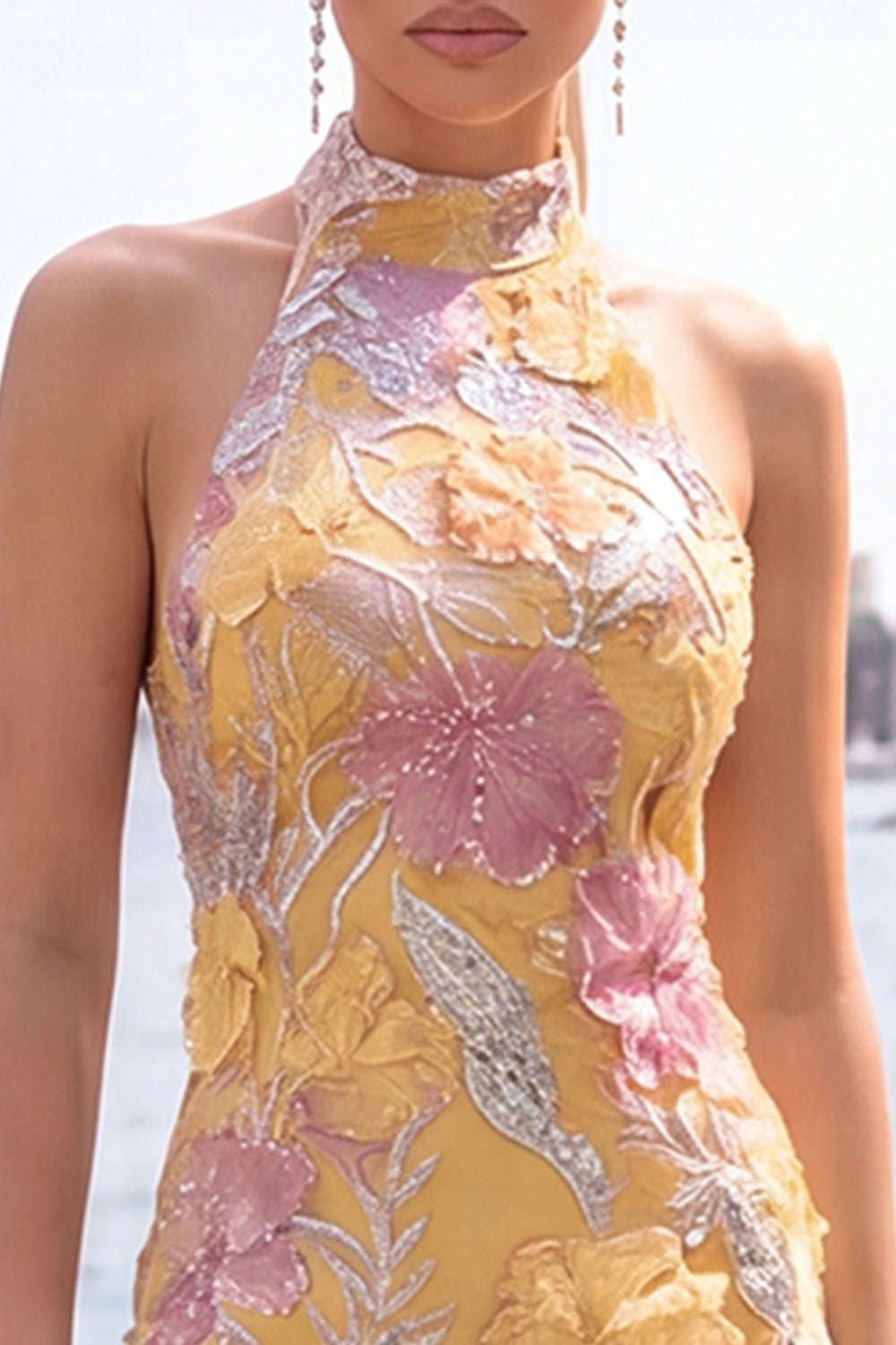 Halter Yellow Floral Sparkly Bodycon Homecoming Dress