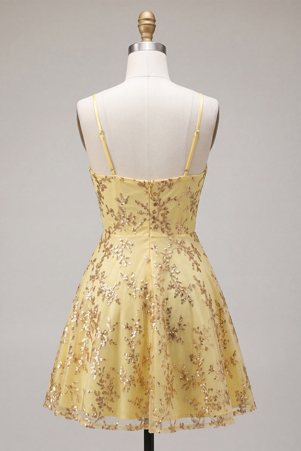 Corset Sequins A Line Yellow Spaghetti Straps Homecoming Dress