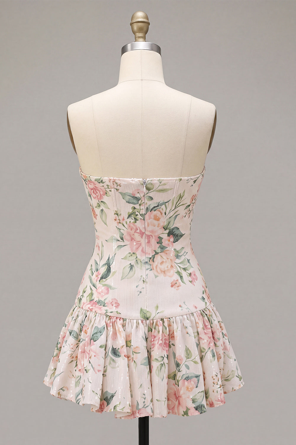 Strapless Pink Floral A Line Homecoming Dress With Scarf