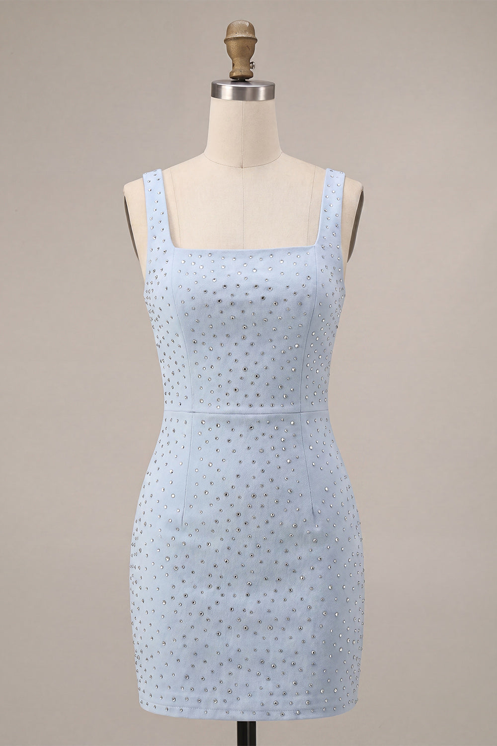 Square Neck Beaded Bodycon Sky Blue Homecoming Dress