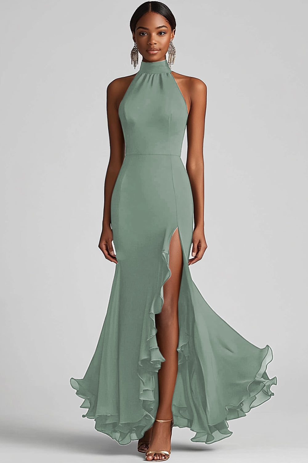 Halter Ruffle Mermaid Black Tie Dress with Slit