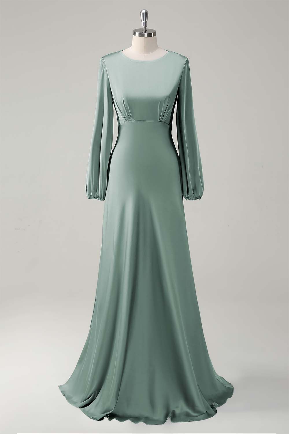 Eucalyptus Satin Round Neck Modest Bridesmaid Dress with Long Sleeves