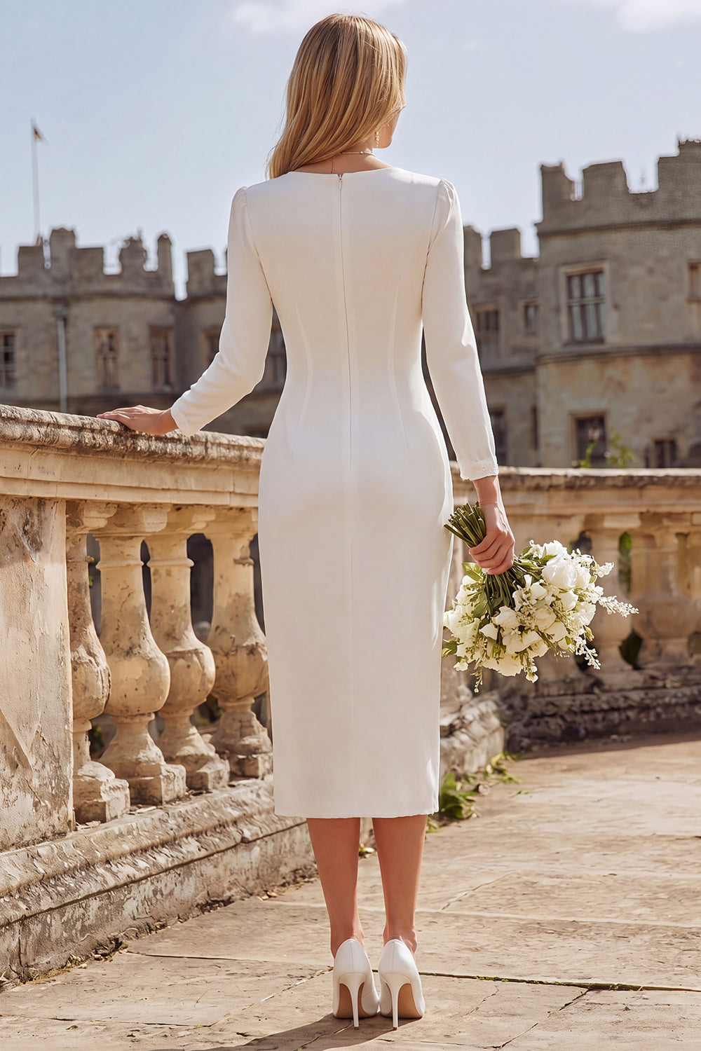 Ivory V-Neck Ruched Engagement Dress With Slit