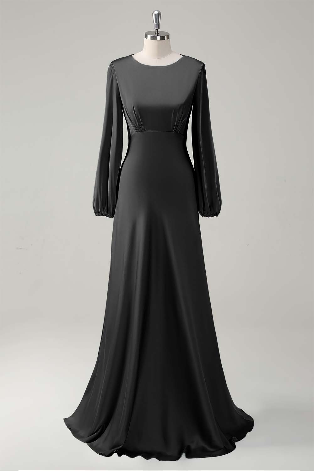 Eucalyptus Satin Round Neck Modest Bridesmaid Dress with Long Sleeves