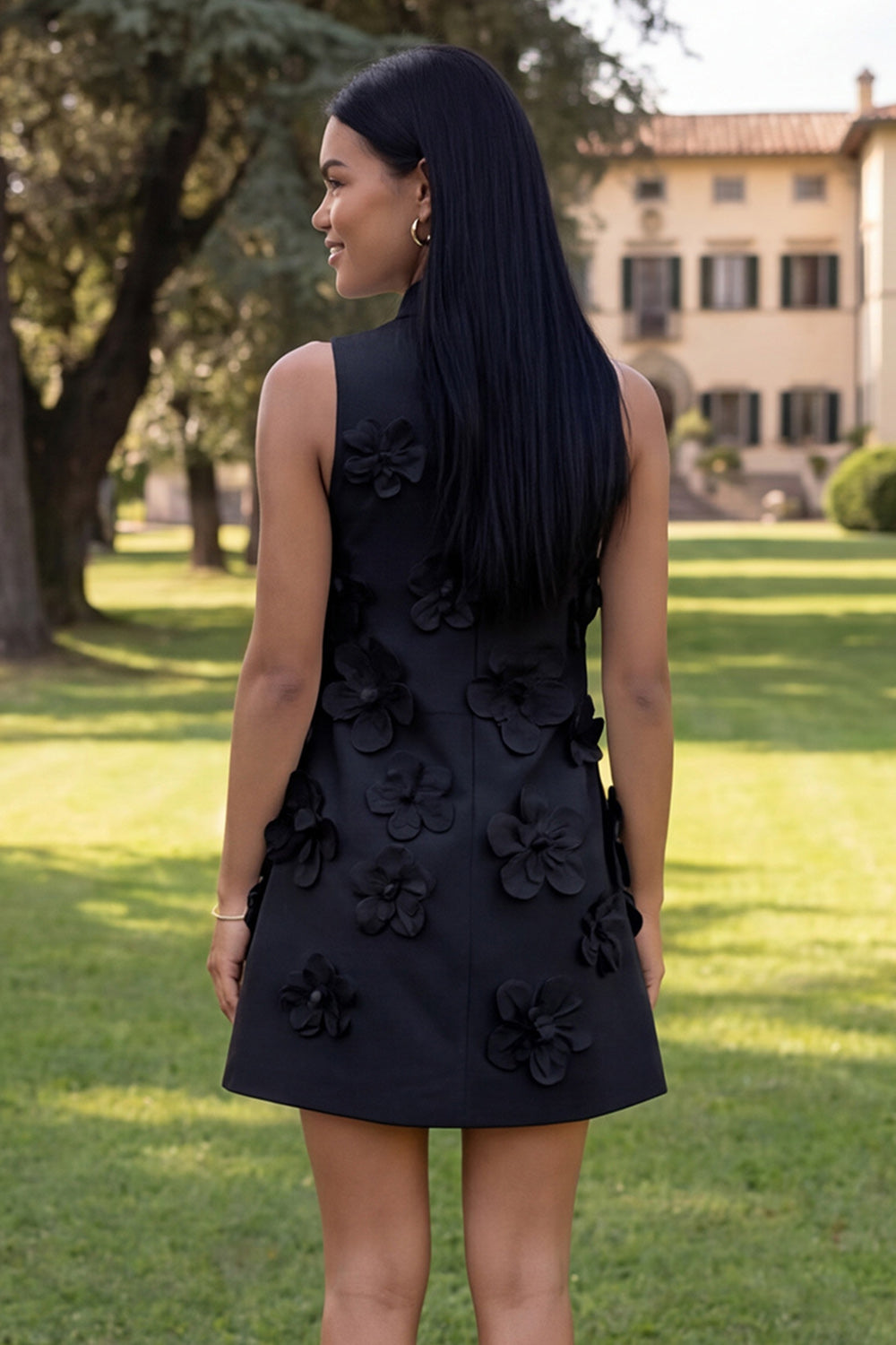 Floral Blue High Neck A-Line Homecoming Dress