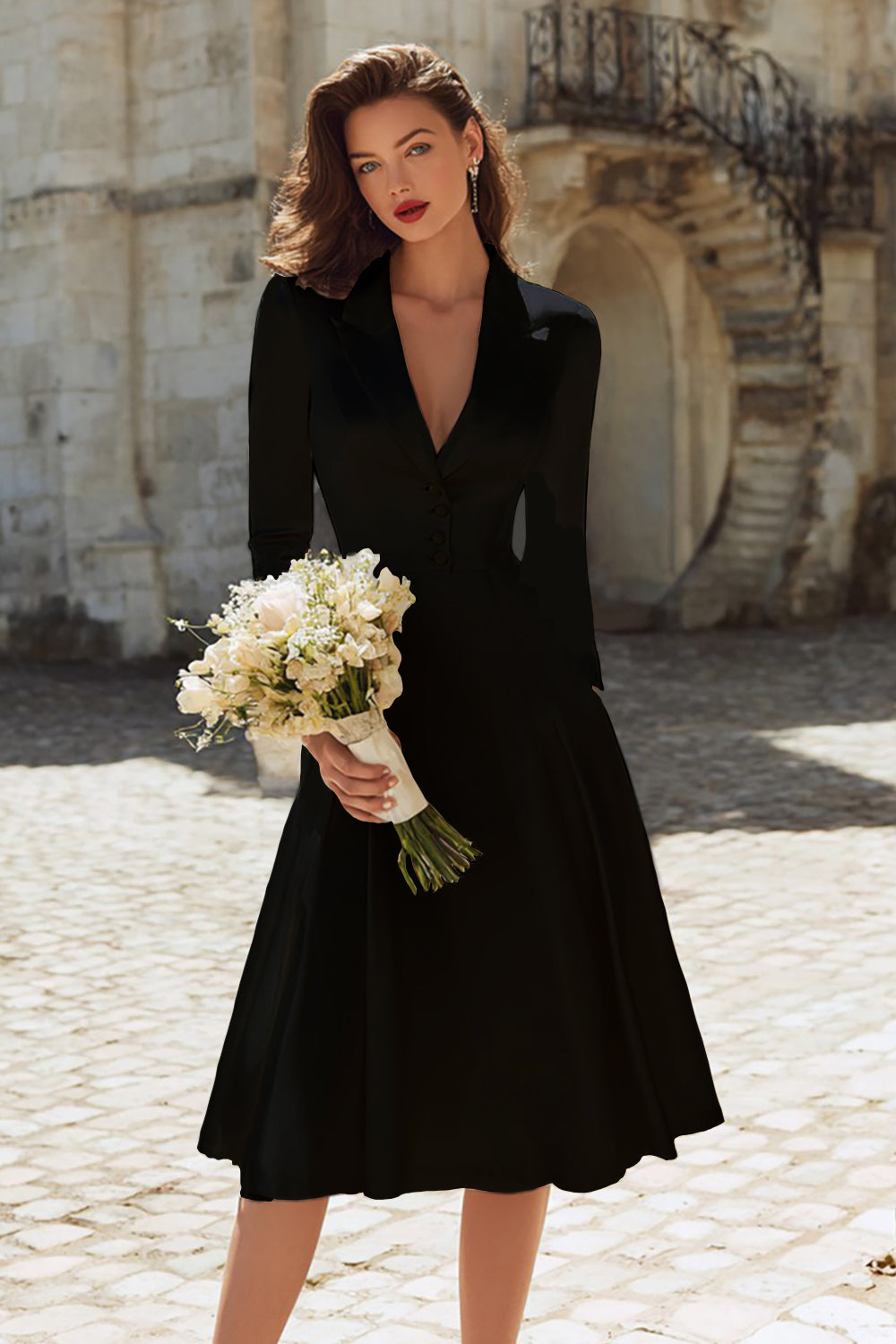 Ivory A-Line Satin V-Neck Engagement Dress