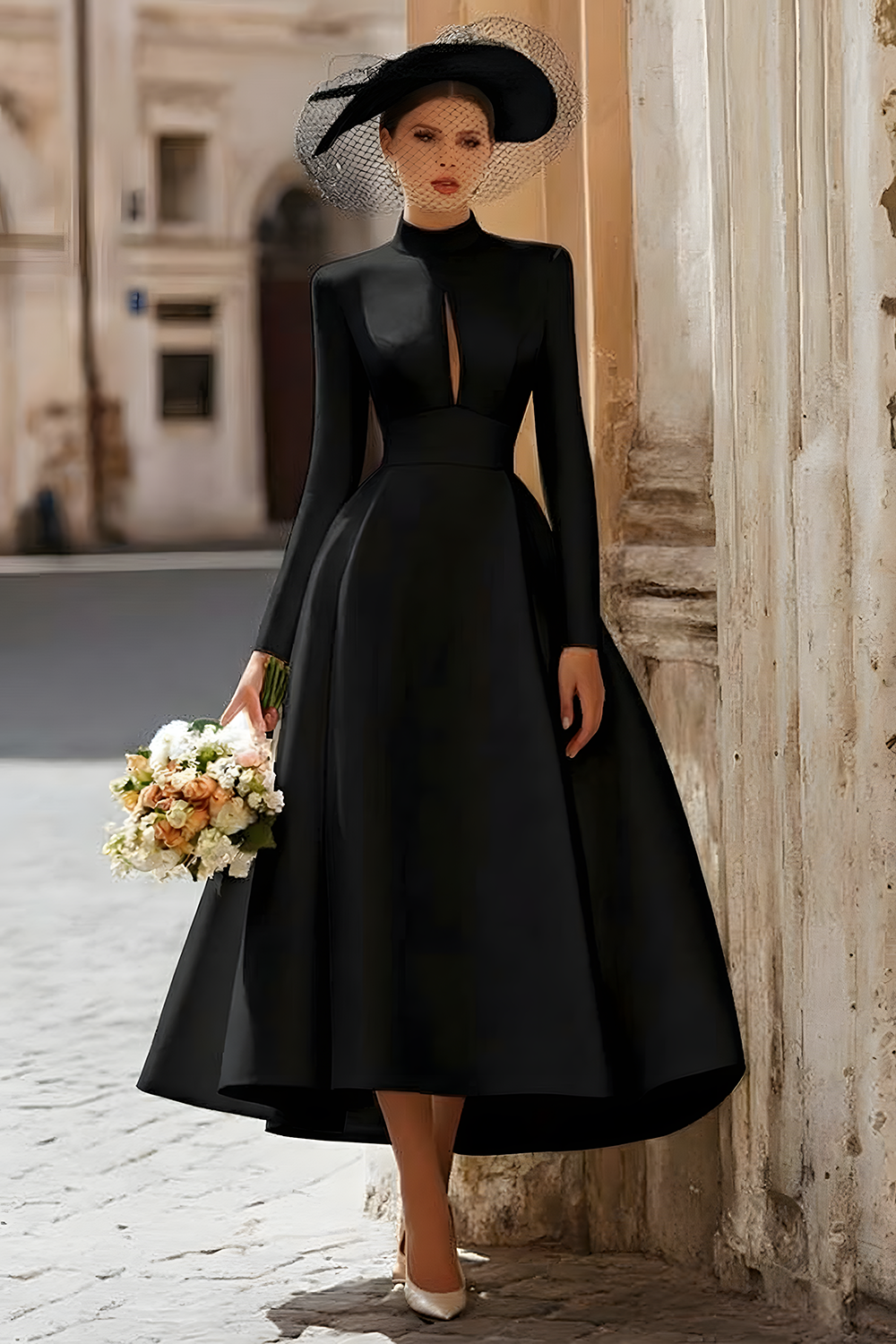 Satin A-Line Ivory Cut Out Midi Wedding Dress