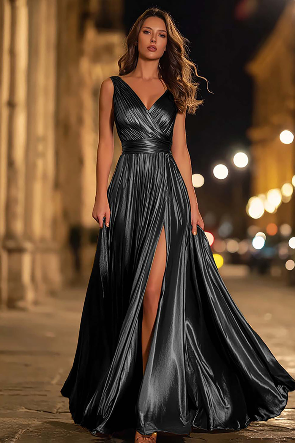 Metallic Gold Pleated A-Line V-Neck Formal Dress With Slit