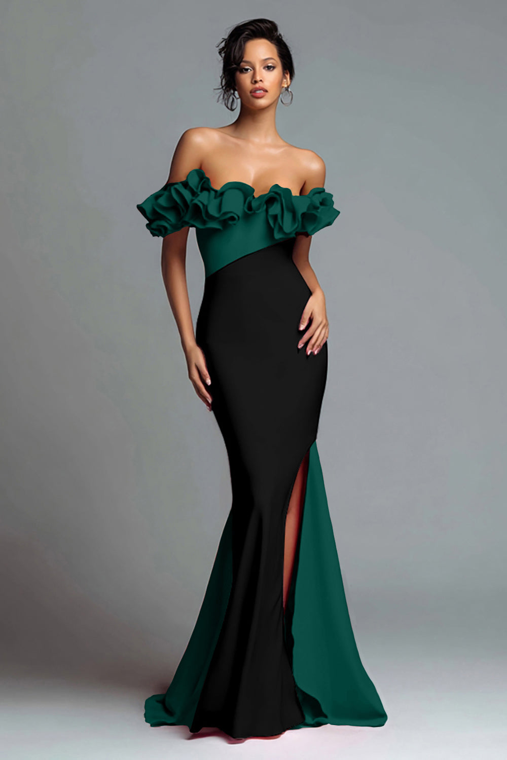 Off The Shoulder Black and Red Mermaid Evening Dress With Ruffles