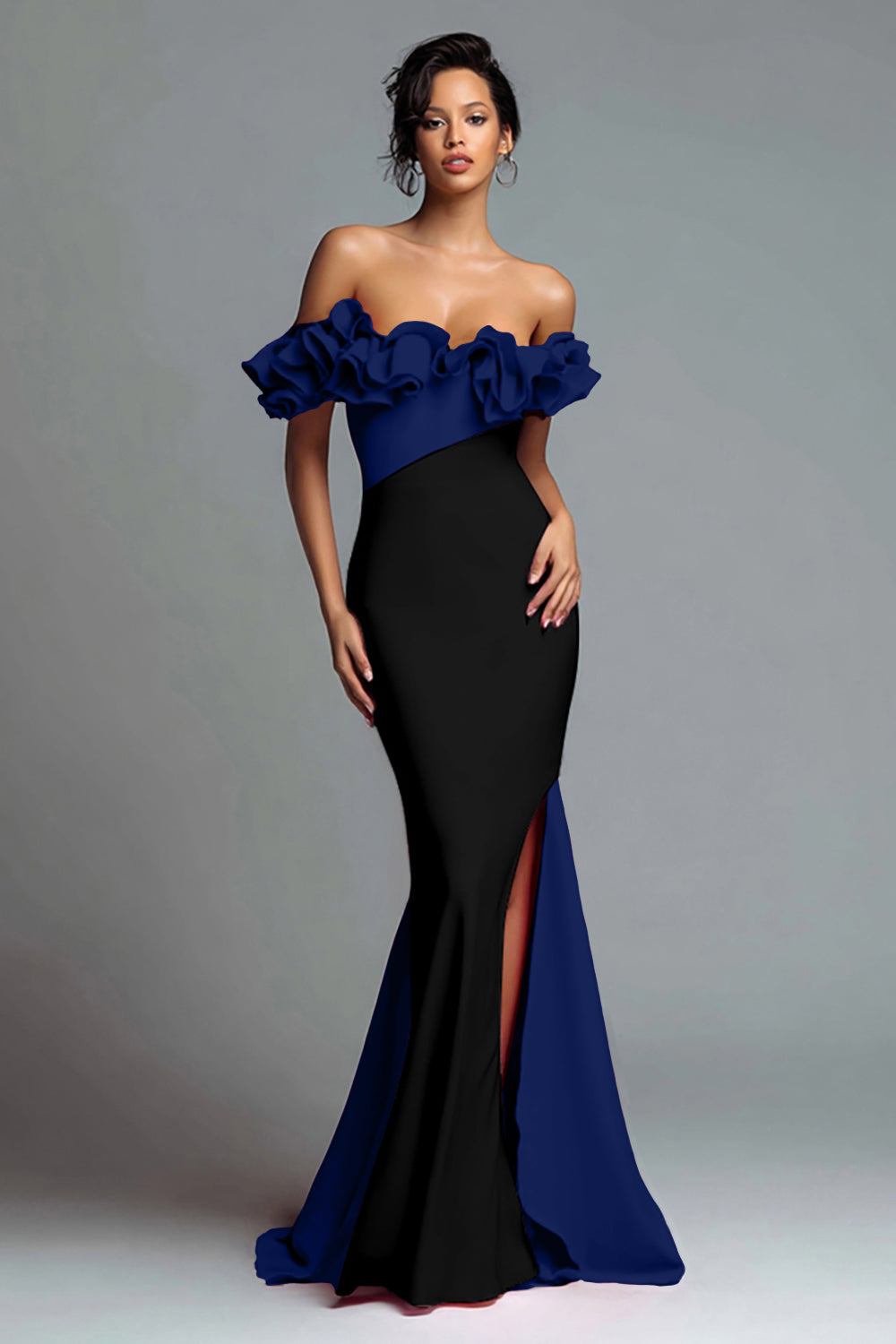 Off The Shoulder Black and Red Mermaid Evening Dress With Ruffles