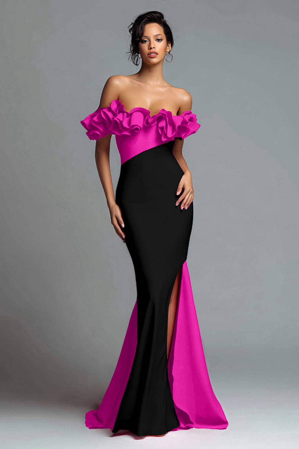 Off The Shoulder Black and Red Mermaid Evening Dress With Ruffles