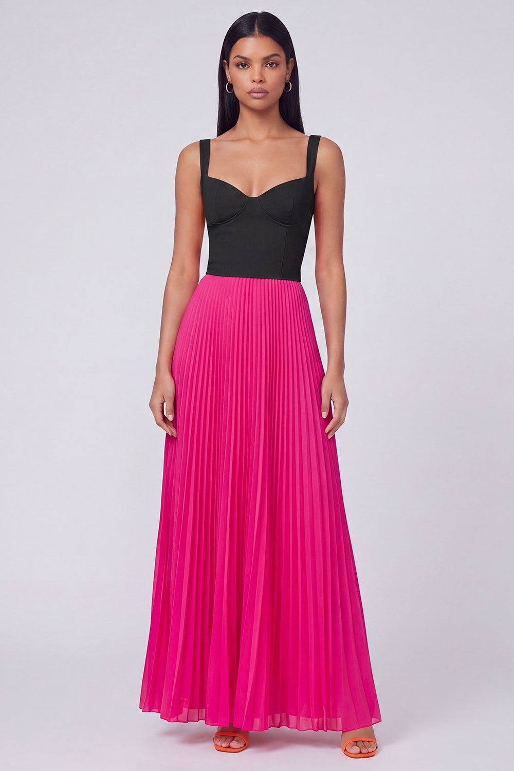 ColorBlock Orange and Fuchsia Pleated A Line Formal Dress