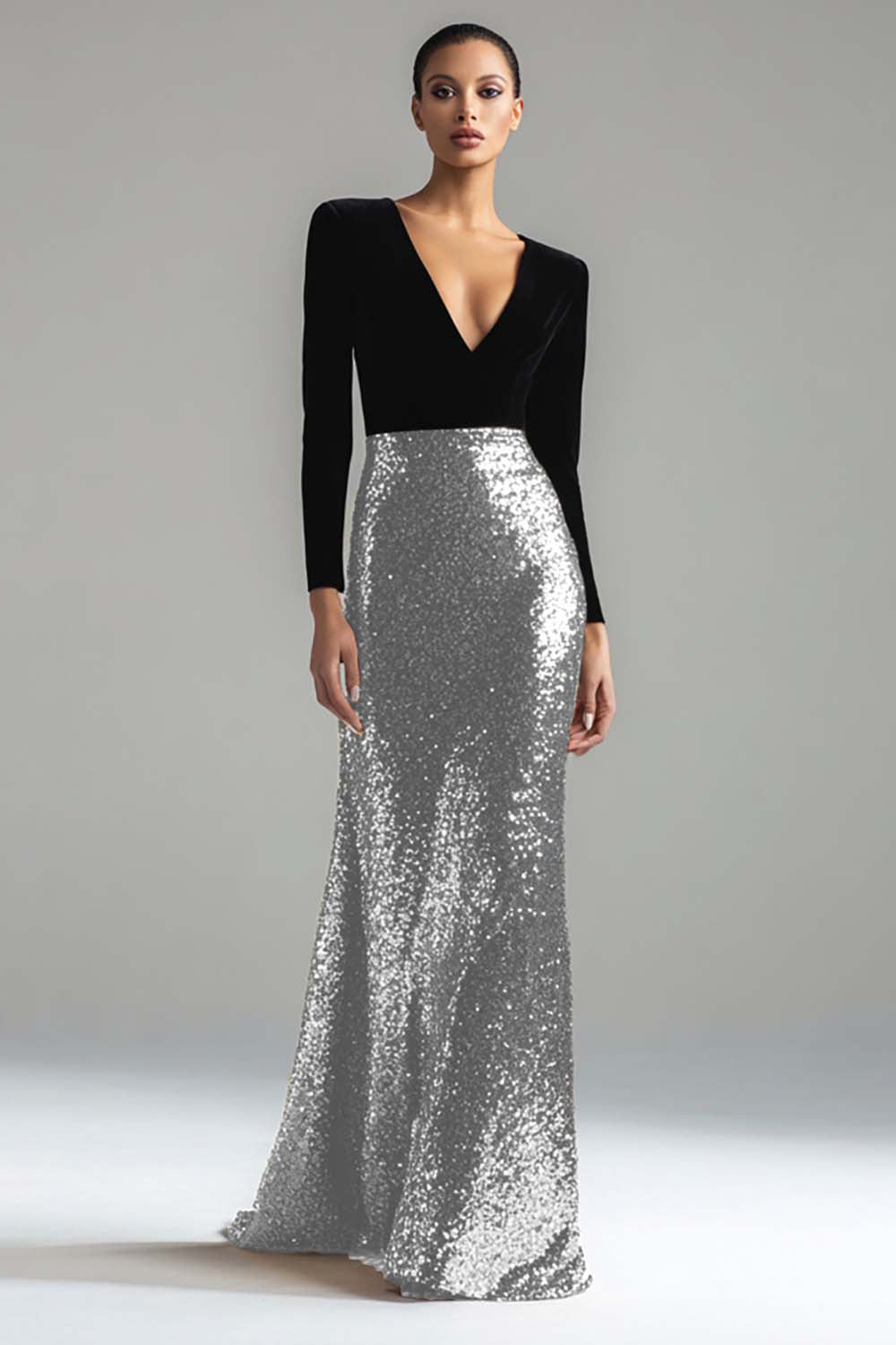Sparkly Gold and Black Velvet Long Sleeve V-Neck Formal Dress
