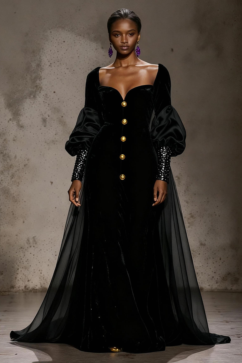 Burgundy Velvet Long Sleeve Evening Dress with Overlay