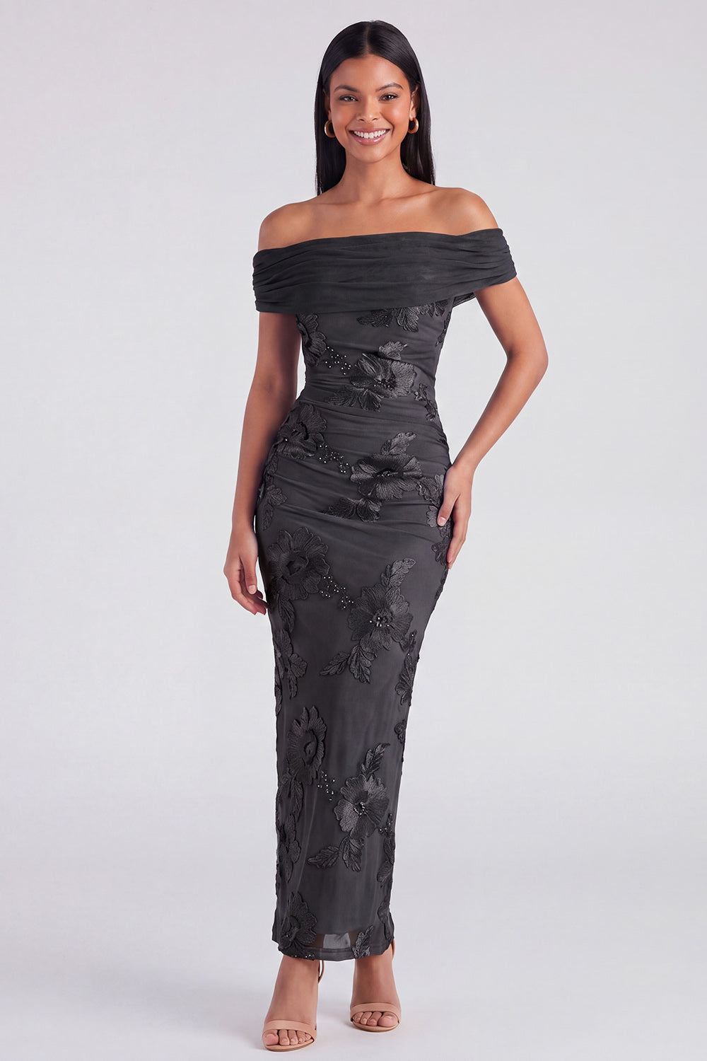 Blue Off the Shoulder Appliqued Bodycon Wedding Guest Dress