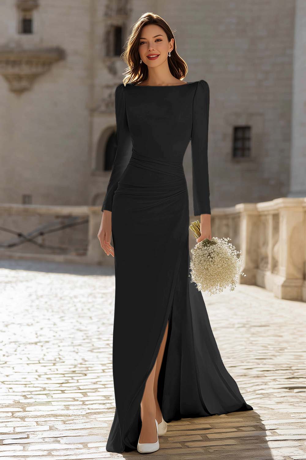 Ivory Ruched Long Sleeve Wedding Dress With Slit