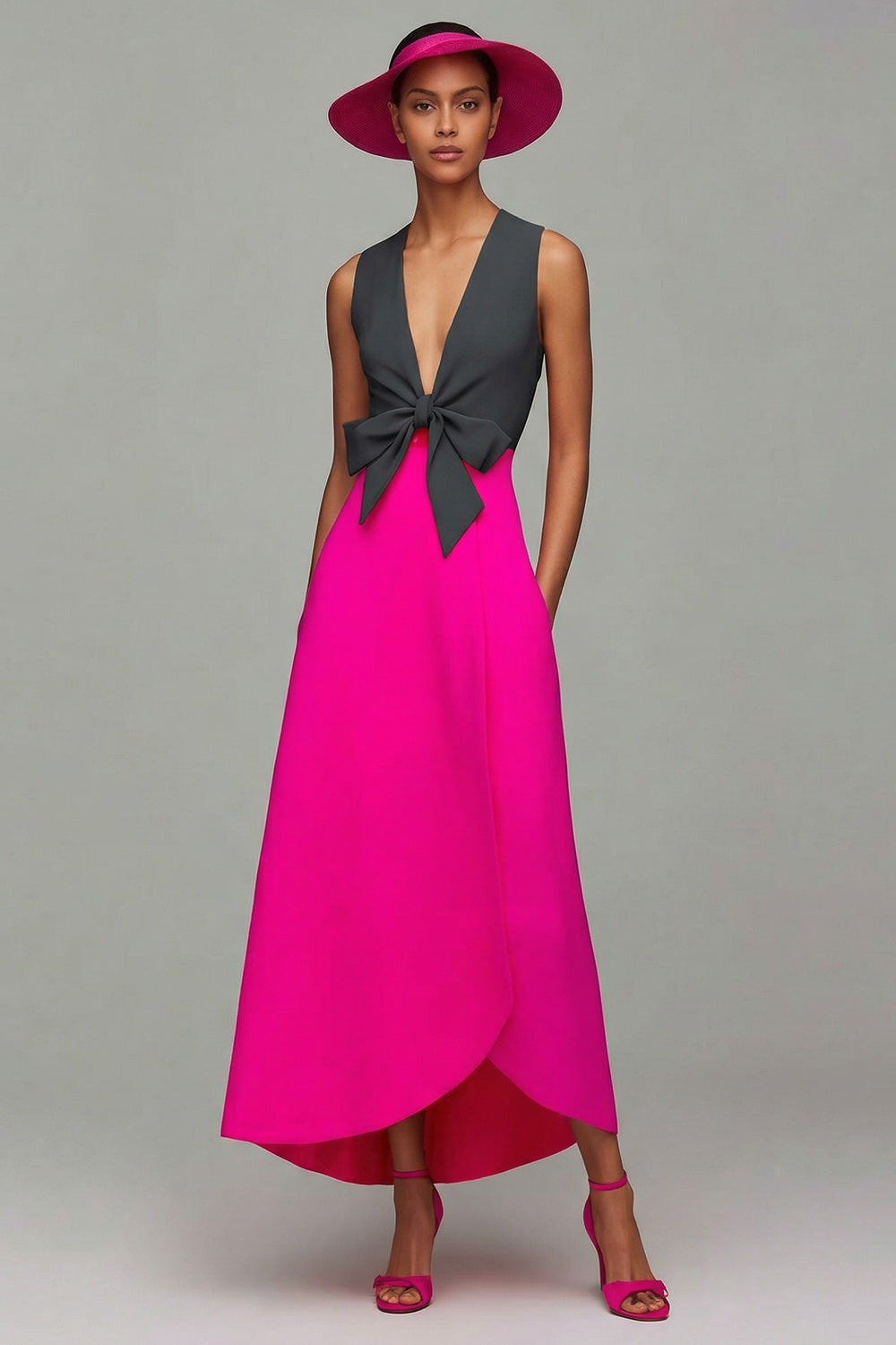 Orange and Fuchsia V-Neck A-Line Formal Dress With Bow