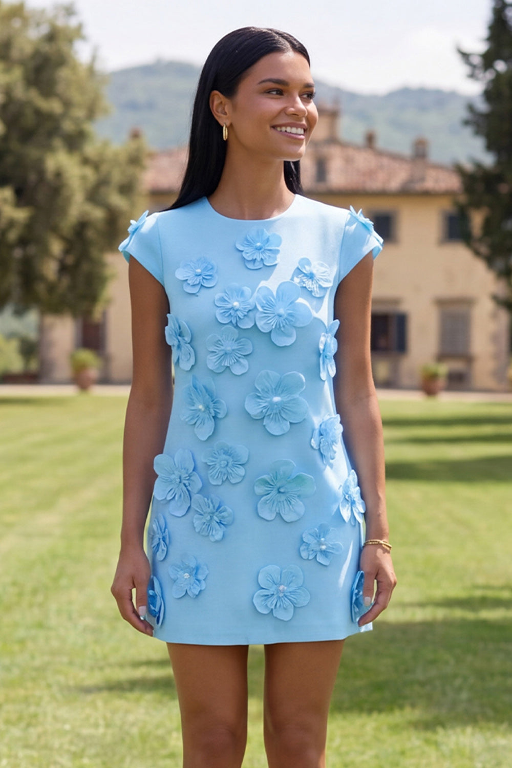 Ivory Floral A-Line Homecoming Dress with Cap Sleeves