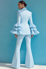 Blue 2-Piece Notched Lapel Women Suits With Ruffles