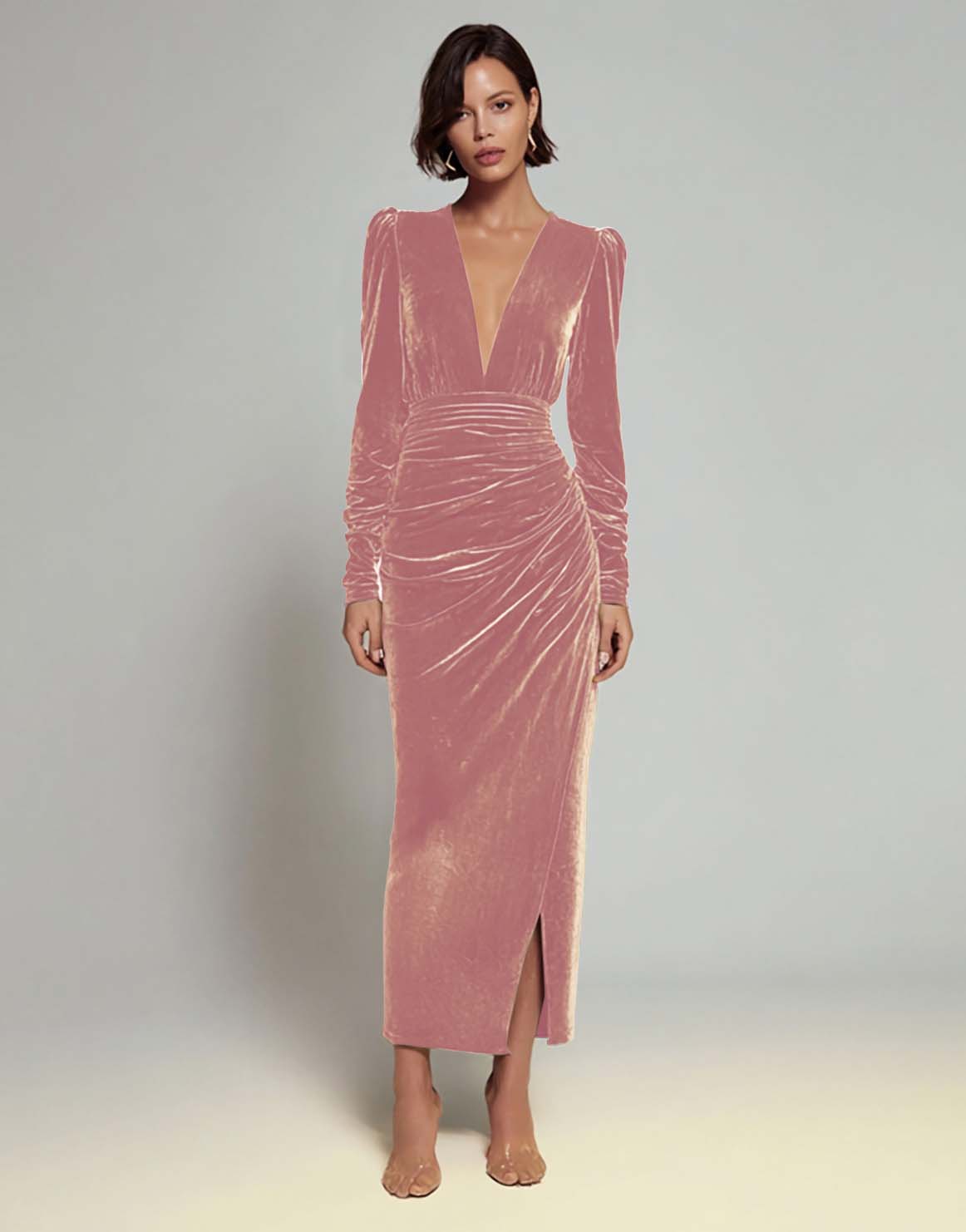 Olive Velvet Ruched Sheath Formal Dress with Long Sleeves