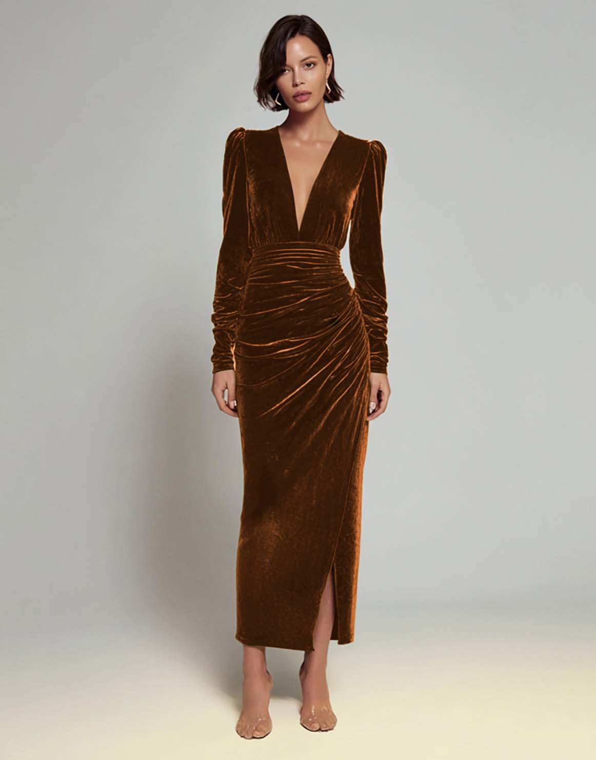 Olive Velvet Ruched Sheath Formal Dress with Long Sleeves