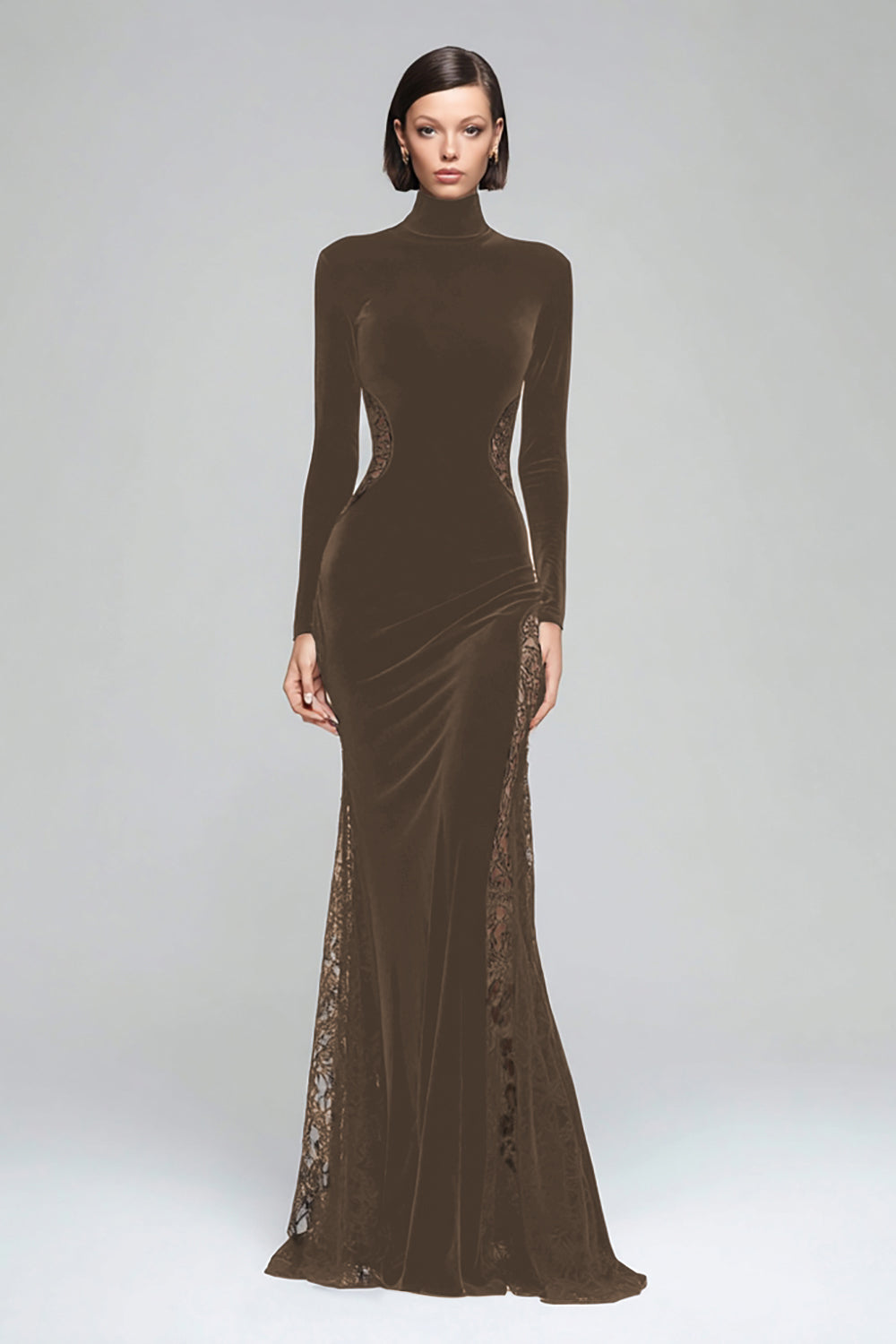 Mermaid Velvet High Neck Black Tie Dress With Lace