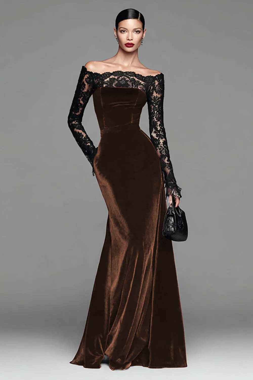 Burgundy Velvet Off The Shoulder Mermaid Formal Dress with Long Sleeves