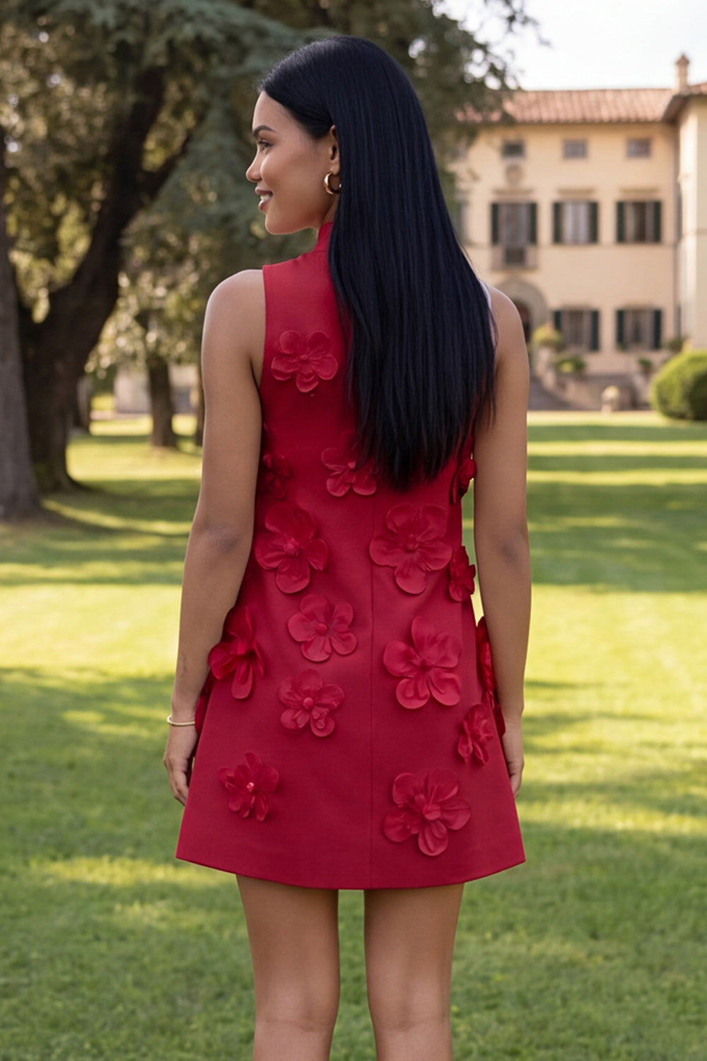 Floral Blue High Neck A-Line Homecoming Dress