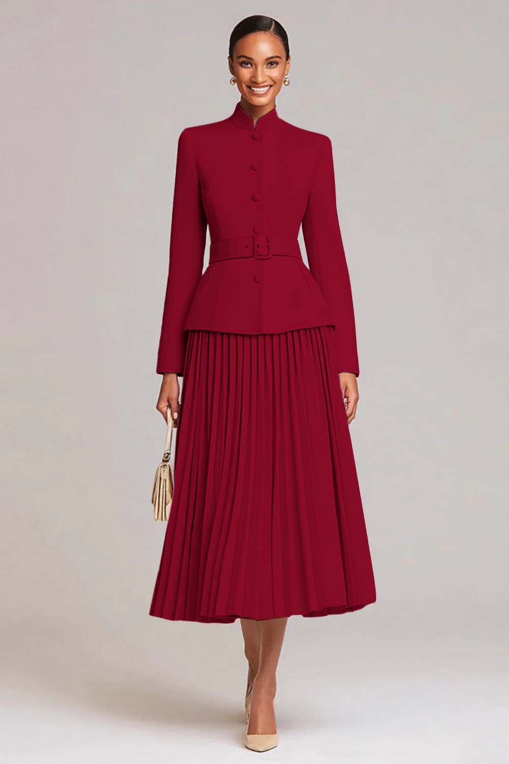 Light Pink Pleated A-Line Single Breasted 2 Piece Work Dress With Belt