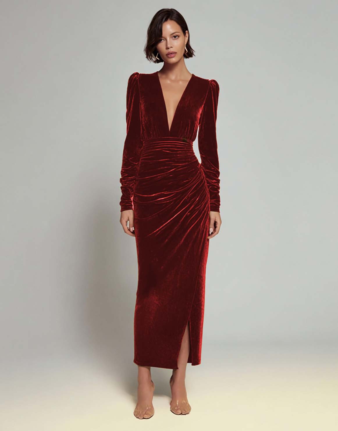 Olive Velvet Ruched Sheath Formal Dress with Long Sleeves