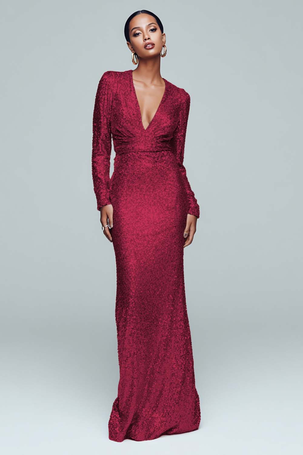 Gold Sheath Long Sleeve Maxi Evening Dress With Sequins