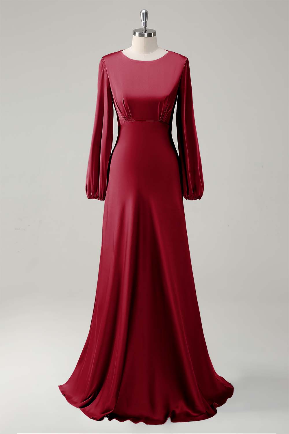 Eucalyptus Satin Round Neck Modest Bridesmaid Dress with Long Sleeves