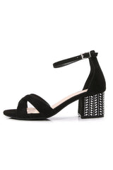 Black Cross Ankle Strappy Chunky Heel Sandal
