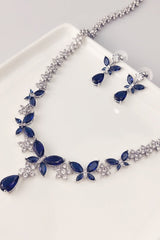 Royal Blue Butterfly Crystal Drop Earrings Necklace Jewelry Set