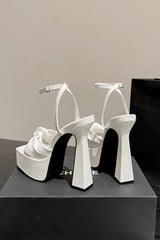 White Chunky High Heel Sandals with Bow