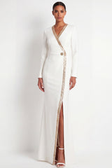 Beige Long Sleeve Sequin Mermaid Formal Dress with Slit