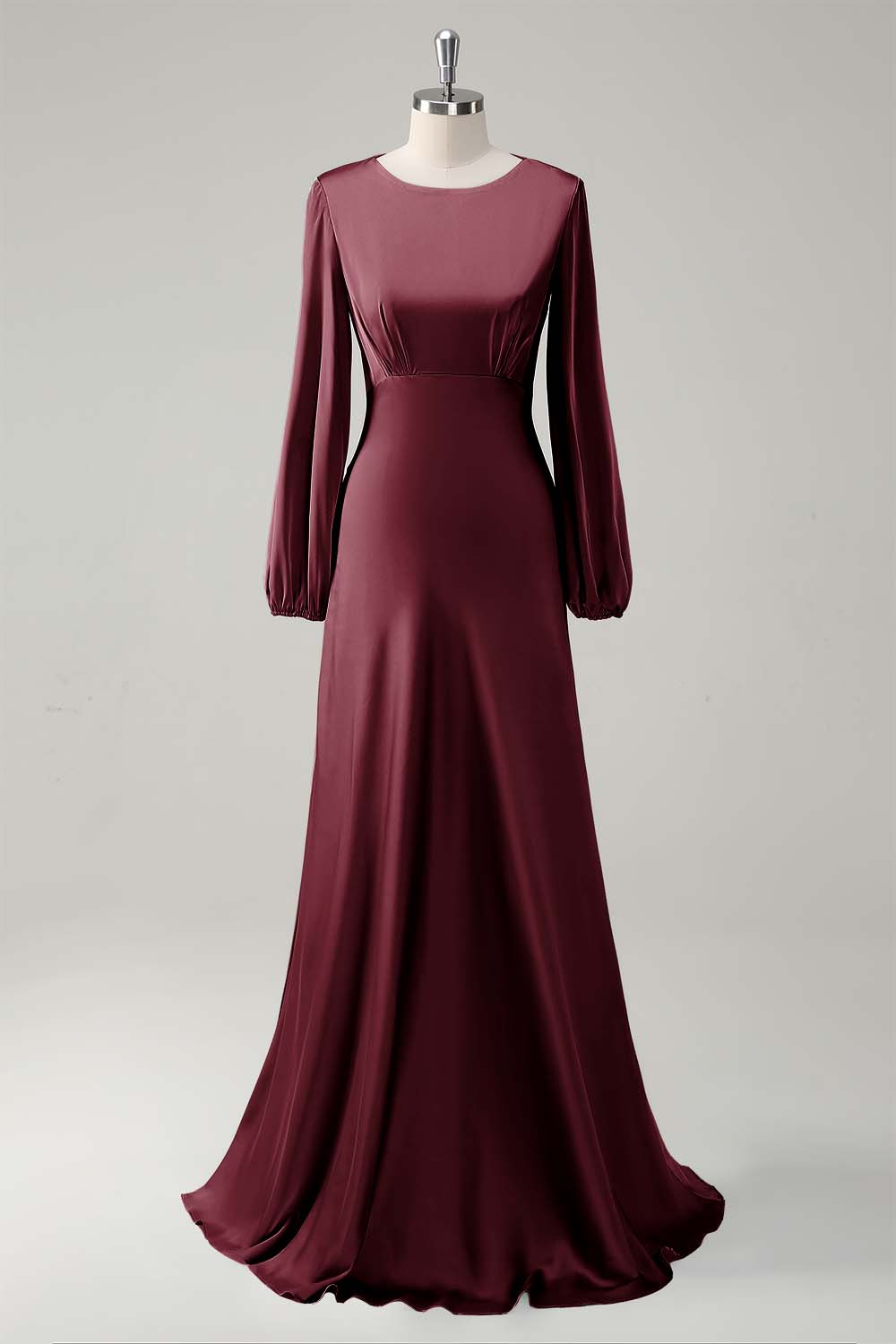 Eucalyptus Satin Round Neck Modest Bridesmaid Dress with Long Sleeves