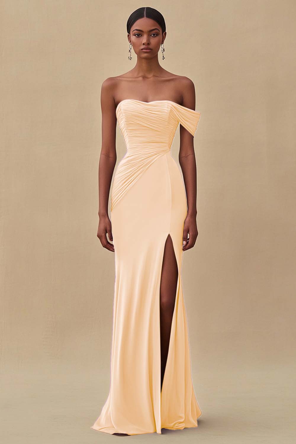 One Shoulder Purple Ruched Sheath Long Formal Dress with Slit